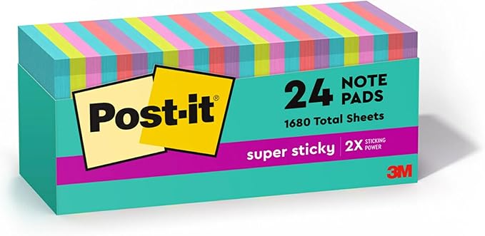 Post-it Super Sticky Notes, 24 Sticky Note Pads, 3 x 3 in., School Supplies, Office Products, Sticky Notes for Vertical Surfaces, Monitors, Walls and Windows, Supernova Neons Collection
