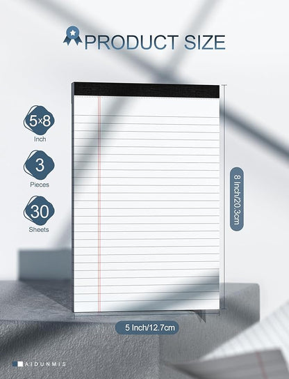 3 Pack Small Legal Pads 5x8 White Notepads Paper Tablets 5x8 Legal Pad 80 GSM Lined Note Pads of Paper 5x8 College Ruled Writing Pads 30 Sheets/Pad, 25 Lines Note Pads for School, Office