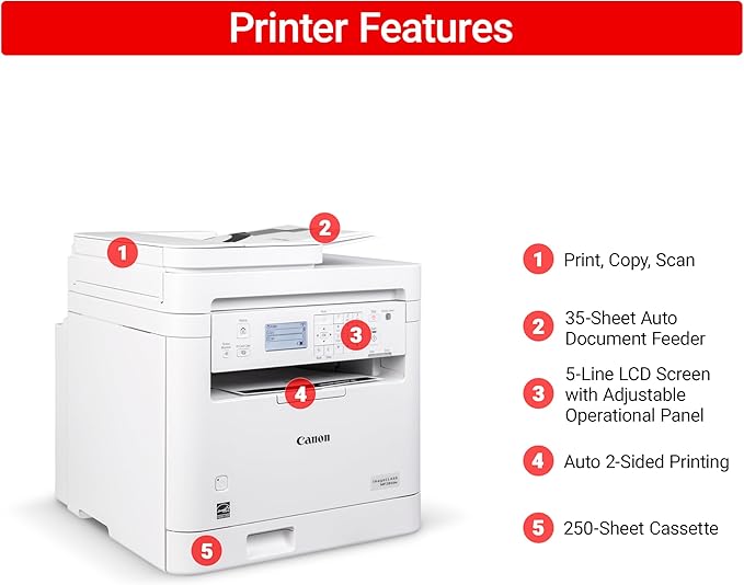 Canon imageCLASS MF284dw - Monochrome, Duplex, Wireless Laser Printer, Multifunction with Print, Copy, Scan, Auto Document Feeder, 1 Year Limited Warranty, 35 PPM, White