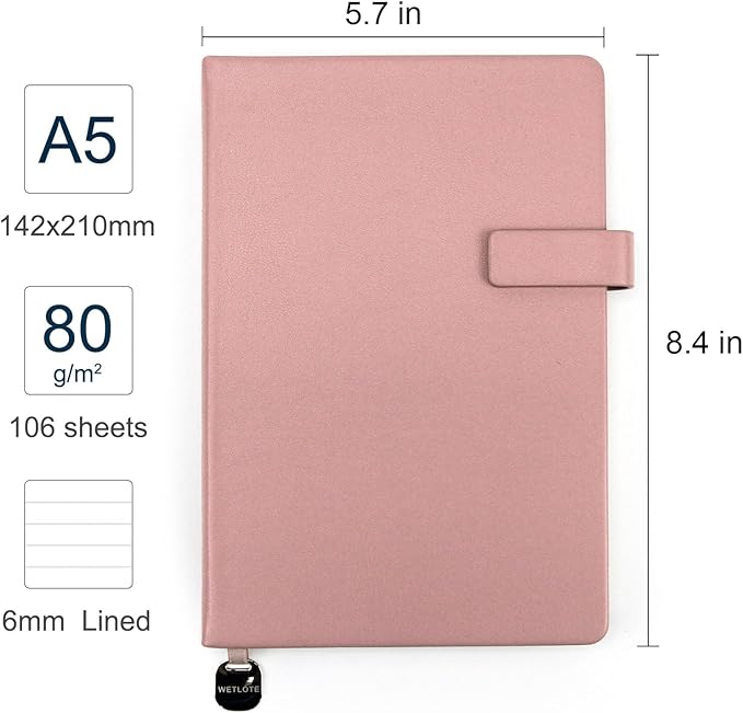 A5 Hard Cover Notebook with Pen Holder, Gold Edges & 180° Lay Flat - Large 5x8.25 Lined, Bookmark, Gift Box - Durable Journal for Office, Study, Travel - Writers, Students (Pink)