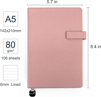 A5 Hard Cover Notebook with Pen Holder, Gold Edges & 180° Lay Flat - Large 5x8.25 Lined, Bookmark, Gift Box - Durable Journal for Office, Study, Travel - Writers, Students (Pink)