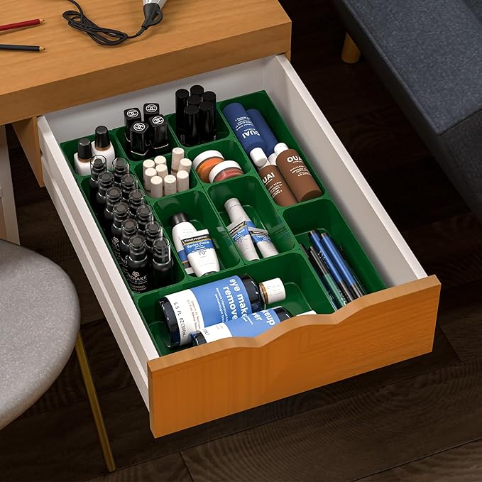 60 Pcs Plastic Drawer Organizer Set,5 Size Small Storage Containers for Organizing Jewelry,Utensil,Junk,Tea,Makeup,Shallow Drawer Organizers Tray Suitable for Office,Desk,Bathroom,Vanity,Kitchen,Green