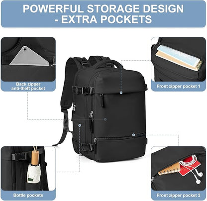 Travel Backpack Simple Durable Carry On Backpack with Shoe Compartment, Personal Item Travel Bag Flight Approved, Water Resistant Laptop Backpack for Women Men Weekender Business, Black