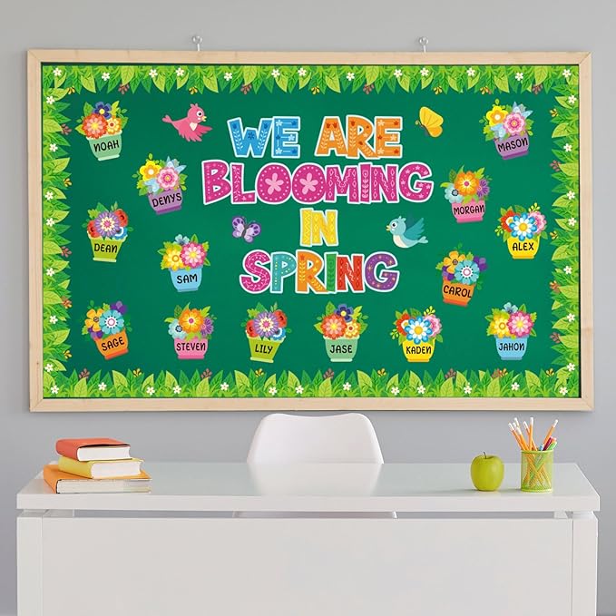 Kosiz Spring Flowerpot Bulletin Board Decorations Set We are Blooming in Spring Classroom Decorations Colorful Flower Paper Cutouts with Green Leaf Borders for School Wall Chalkboard Door Party