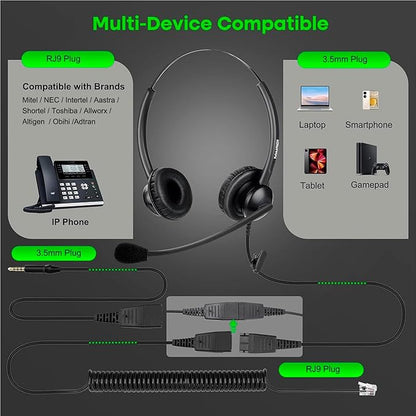 MAIRDI Call Center Headset with Microphone Noise Canceling, Office Phone Headset with RJ9 Jack & 3.5mm Connector for Landline Deskphone Cell Phone PC Laptop, for Mitel Aastra Toshiba NEC Shoretel