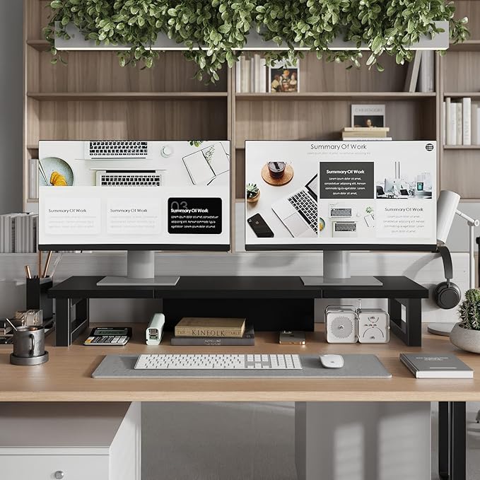 WESTREE Dual Monitor Stand Riser, Wood and Steel Monitor Stand Riser, Computer Monitor Stand for 2 Monitors, Multi-Purpose Desktop Storage Stand for Computer,Laptop,Printer,TV