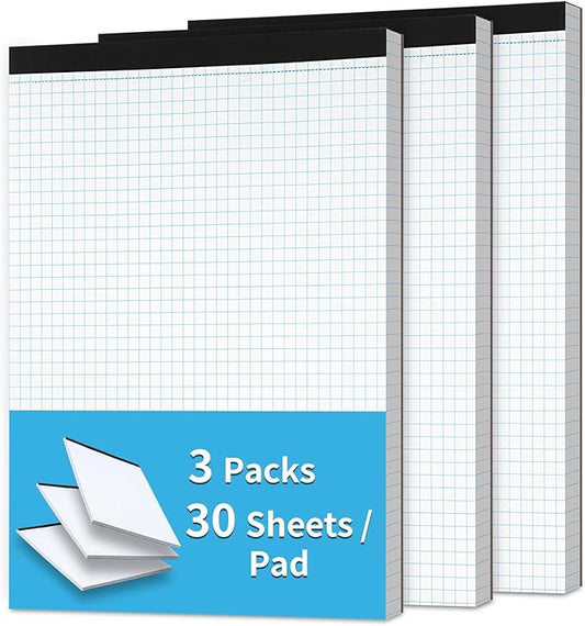 Grid Paper Notebook 8.5 X 11, 4x4 Graph Paper, Sturdy Cardboard Backing, Graph Paper Pad for School, Office, Home, 70 Gsm Grid Paper, 3 Packs, 30 Sheets/Pad