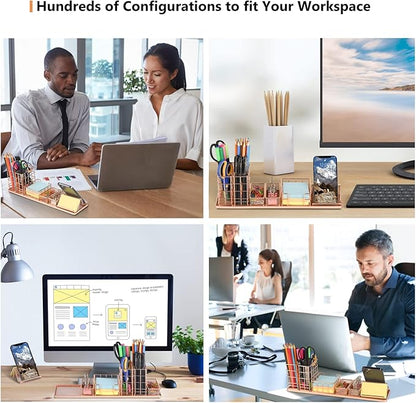 Rose Gold Desk Organizer, Office Desk Accessories with Pen Holder for desk, Desktop Organization with Phone Holder, Sticky Note Tray, Paperclip Storage and Caddy for Office Home School