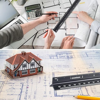 Architectural and Engineering Scale Ruler Set, Imperial Measurements 12'', Black Laser-Etched Aluminum Architect Triangular Ruler for Architects, Students, Draftsman, and Engineers