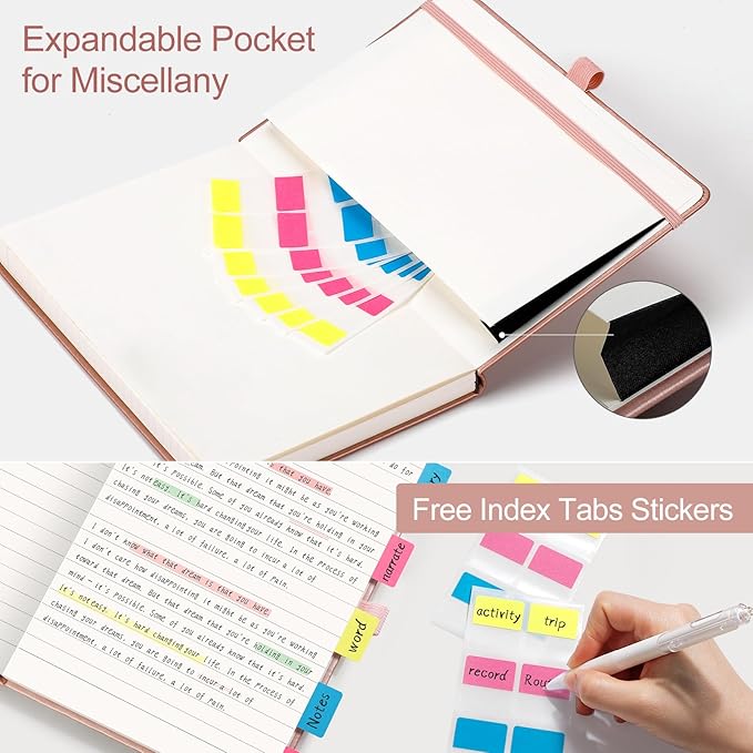 AHGXG Wide Ruled Notebook for School - Lined Journal for Women Men, 192 Numbered Pages, 100 GSM Thick Paper, A5 Hardcover Leather Notebook for Work, Writing, 5.7"×8.3" - Rose Gold