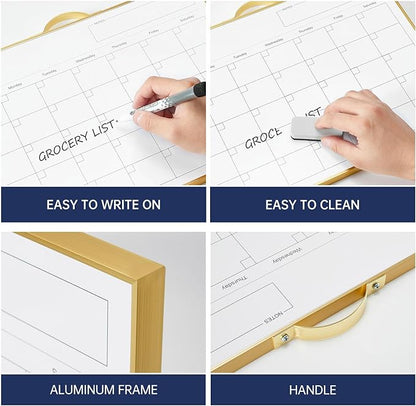 TSJ OFFICE White Board Calendar - 12 X 16 Inches Magnetic Dry Erase Board Monthly Calendar, Double Sided Whiteboard with a Handle, to Do List Notepad for Office, Home, School, Gold Aluminum Frame