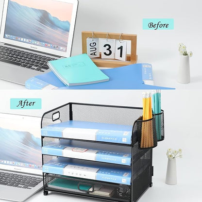4-Tier Mesh Reader Desktop Accessory Storage,Desk File Organizer with A Sliding Drawer Two Pen Holders,Office Supplies Desk Organizer for Home Office