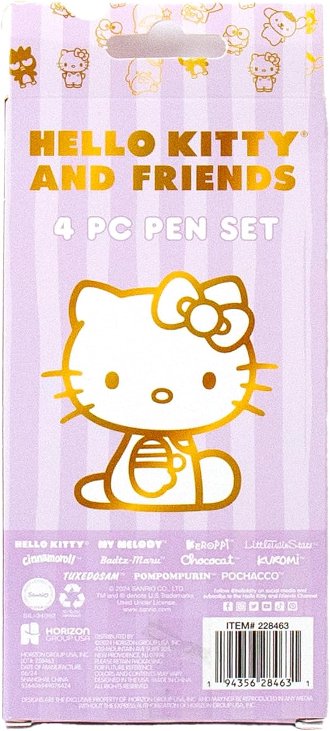 Sanrio Hello Kitty & Friends 4-Piece Pen Set - My Melody, Kuromi, Kawaii & School Supplies, Black