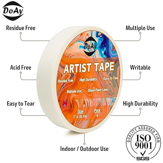 4 Pack White Artist Tape - Art Masking Tape for Watercolor Paper, Canvas Acrylic Painting, Curves, Framing, Paint, Gouache, Console - Acid Free Drafting Tape 1" Wide - 360FT Total