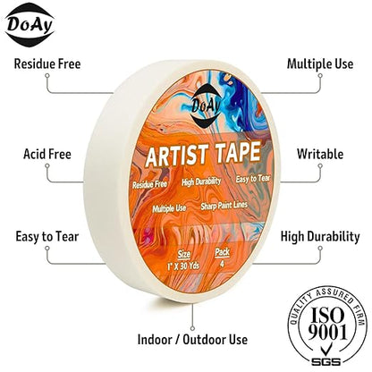 4 Pack White Artist Tape - Art Masking Tape for Watercolor Paper, Canvas Acrylic Painting, Curves, Framing, Paint, Gouache, Console - Acid Free Drafting Tape 1" Wide - 360FT Total