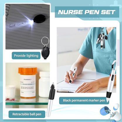 6 Pcs Nurse Pen Set Include Permanent Marker Pen Retractable Ballpoint Pen Keychain Clip Foldable Scissors Lights LED Flashlight Keychain for Nurse Accessories(Black)