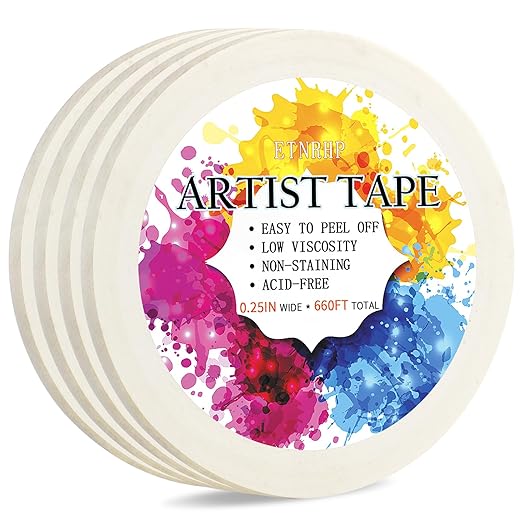 4 Packs White Artist Tape for Watercolor Paper Drafting Art Low Tack Masking Tape Acid Free Painter Watercolor Tape for Painting Canvas Framing, 0.25inch Wide 660FT Long Total