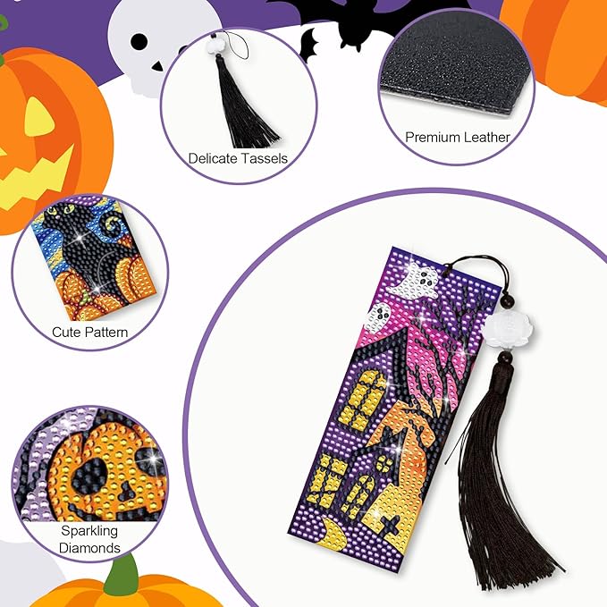 Anseal Halloween Diamond Painting Bookmarks for Book Lovers, Rhinestone PU Leather Diamond Art Bookmark for Women Girls, Tassel Beaded Book Mark for Graduation Birthday Reading Present (Halloween)