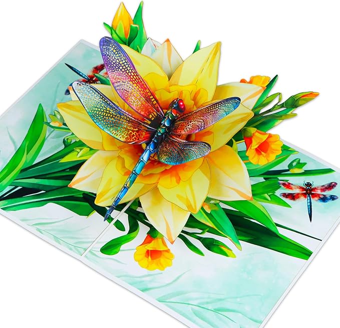D4DREAM Dragonfly Gifts for Women - Daffodils Flower Dragonfly Pop Up Card 3D Birthday Card for Women Pop Up Mothers Day Cards with Envelope for Her Wife Mom Grandma