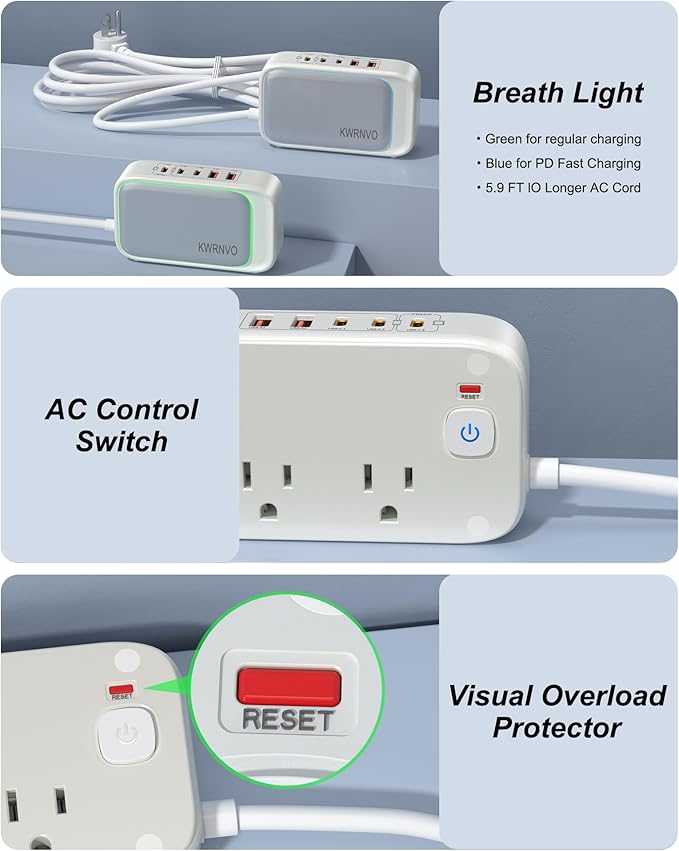 Flat Plug Power Strip, 20W USB C Power Strip with 2500W AC Outlects, 3 USB-C Ports, 2 USB-A Ports, 5FT Flat Extension Cord Outlet Extende Desk Charging Station for Home/Office/Travel Essentials