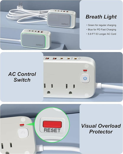 Flat Plug Power Strip, 20W USB C Power Strip with 2500W AC Outlects, 3 USB-C Ports, 2 USB-A Ports, 5FT Flat Extension Cord Outlet Extende Desk Charging Station for Home/Office/Travel Essentials