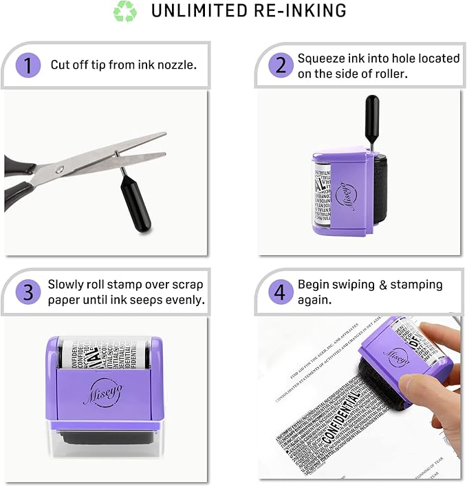 Miseyo Wide Roller Stamp Identity Theft Stamp 1.5 Inch Perfect for Privacy Protection - 3Pack Set (Purple)