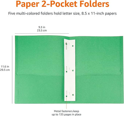 Amazon Basics Twin Pocket File Folders with Fasteners, 25-Pack, Letter, Assorted