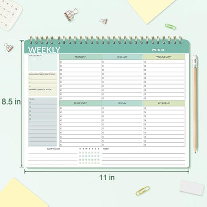 SUNEE Weekly To Do List Notepad - Last for 2 Years, 52 Undated Sheets, 8.5"×11", Spiral Weekly Desk Planner Pad for Adults and Kids, School, Home & Office - Green