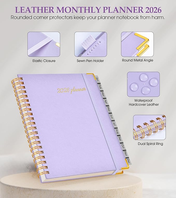 2026 Planner, Weekly and Monthly Calendar Planner from January 2026 - December 2026, 8.5" x 11" Hardcover Leather Hourly Appointment Book with Tabs, Spiral Daily Planners for College School Work Home, Purple