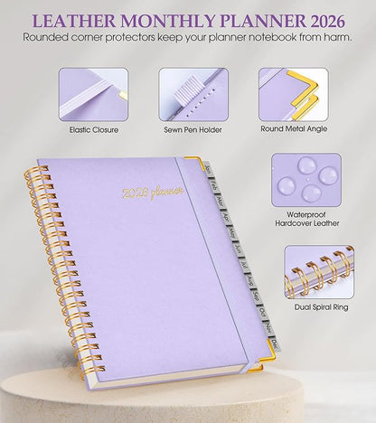2026 Planner, Weekly and Monthly Calendar Planner from January 2026 - December 2026, 8.5" x 11" Hardcover Leather Hourly Appointment Book with Tabs, Spiral Daily Planners for College School Work Home, Purple