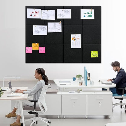 Black Cork Board 48" x 36" - 12 Pack Felt Wall Tiles with Safe Removable Adhesive Tabs - Large Cork Board for Office & Home & School Walls Decor - Black