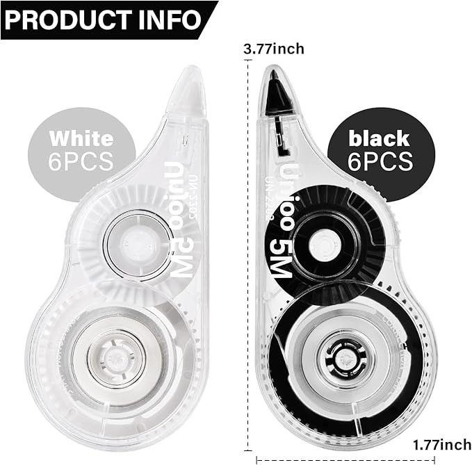 White Correction Tape, Easy To Use Applicator for Instant Corrections Wrong Writing At Any Time, For school, Office (12pack, 5M/196" x 0.2")