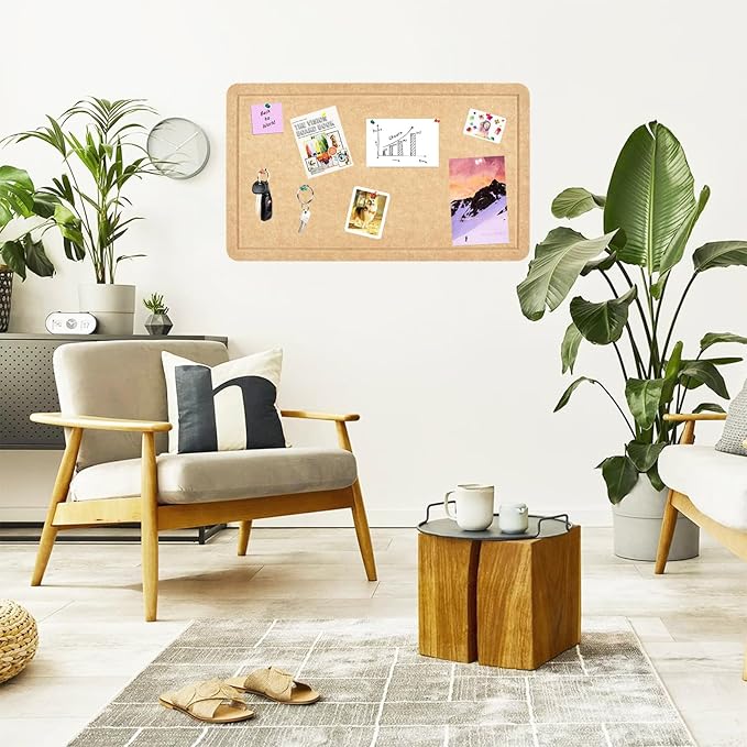 Vuzvuv Wood Brown 28"x16" Large Cork Board with 50 Push Pins & Sticky Notes, Self-Adhesive Bulletin Board No Damage for Wall, Felt Pin Board for Paste Notes, Photos, Schedules Offices Home