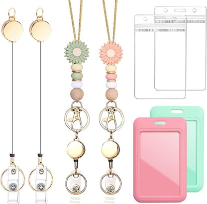 Colorful ID Badge Holder with Silicone Beads Lanyard Set,Cute Teacher Breakaway Lanyard for Keys & Keychain with Cute Retractable Badge Reel Holder,Gift for Women,Nurse, Teacher. (Daisy 3)
