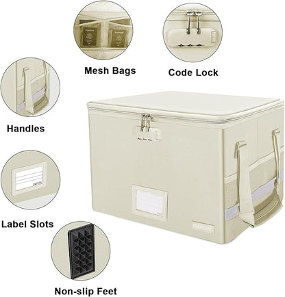 ENGPOW File Box with Lock, Fireproof Document Box with Zipper Lid,Collapsible File Storage Organizer Box Filing Box with Handle,Portable Home Office Safe Box for Hanging Letter/Legal Folder,Beige