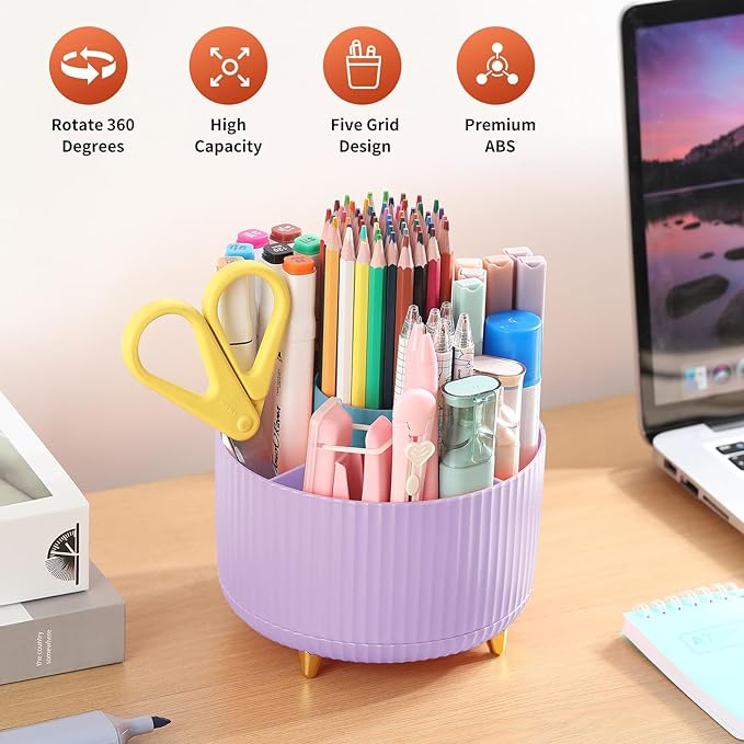 Desk Pen Holder, 5 Slot 360 Rotating Pen Organizer for Desk, Desktop Storage Stationery Supplies Organizer, Cute Pencil Cup Pot for Office, School, Home, Art Supply, Purple