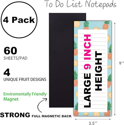 4 Large Magnetic Notepads – Big Notepads for Grocery List, Shopping List, To-Do List, Reminders -Strong Magnetic Back- Memo Pads with Realistic Fruit Designs | 60 Sheets per Pad 9 x 3.5 inch (4 Pack)