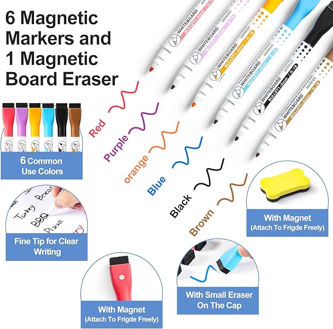 3 Pack Magnetic Dry Erase Board Sheet for Fridge, 12"x8" Erasable Refrigerator WhiteBoard w/ 6 Markers & 1 Eraser- Smooth and Flexible Small Magnet Blank Notepad for Home Kitchen Organizer and Planner