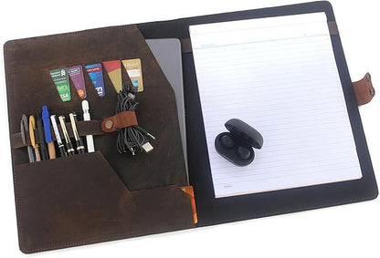 Leather Portfolio Professional Resume Padfolio - Document Folder & Organizer Folio for Letter-Sized/A4 Writing Pad with Business Card Holder, Ideal Gift Portfolios for Men + Women (Vintage Brown)