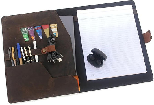 Leather Portfolio Professional Resume Padfolio - Document Folder & Organizer Folio for Letter-Sized/A4 Writing Pad with Business Card Holder, Ideal Gift Portfolios for Men + Women (Vintage Brown)