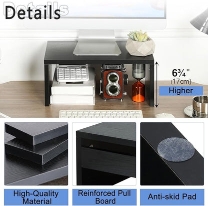 TEAMIX 14.2 inch Monitor Stand Riser, Wood Monitor Riser with Storage for Desk Small Monitor Stand TV/Screen/PC/Laptop Riser Computer Stand Desktop Shelf (Black-Higher)