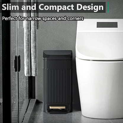 Small Bathroom Trash Can with Lid Soft Close-6L/1.6 Gal Slim Step Garbage Can-Metal Pedal Wastebasket-Narrow Rectangle Garbage Container Bin for Corner Office, Bedroom, Toilet, Live Room-Black
