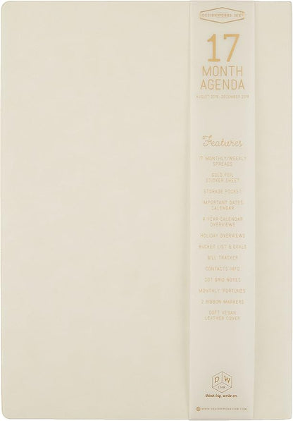 DesignWorks Ink Soft Cover Vegan Leather 17-Month Large Agenda Book, Ivory- Dream It. Believe It. Do It.
