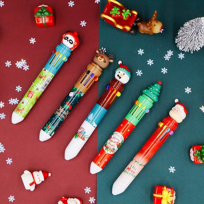 Cute Cartoon Christmas Multicolor Ballpoint Pen 0.7 mm, 10-in-1 Colored Pens Fine Point Retractable Ballpoint Pens for Office School Students Kids Christmas Gift, 5 Pack