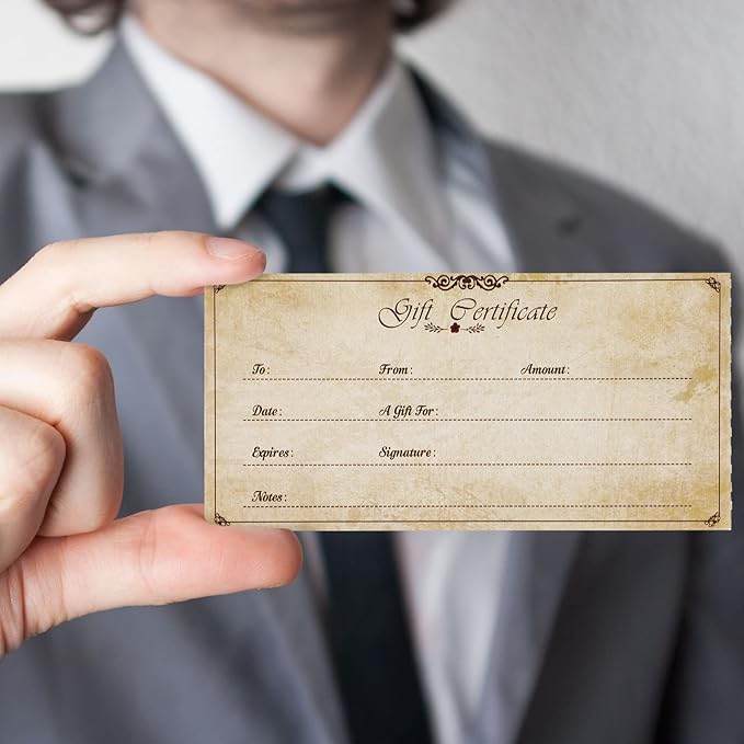 Sinmoe 50 Sets Gift Certificate for Business with 50 Pcs Envelopes Blank Gift Certificate Cards with Name and Address Rustic for Beauty Salon Restaurants Birthday(4.72 x 2.36 Inch, Retro Style)