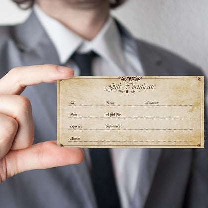 Sinmoe 50 Sets Gift Certificate for Business with 50 Pcs Envelopes Blank Gift Certificate Cards with Name and Address Rustic for Beauty Salon Restaurants Birthday(4.72 x 2.36 Inch, Retro Style)