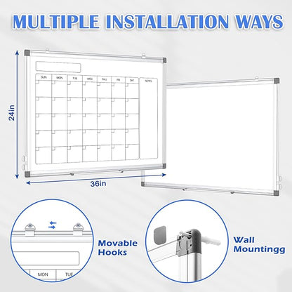 Monthly Calendar Dry Erase Whiteboard for Wall, 36" x 24" Double-Sided Calendar White Board, Magnetic Portable Board for Office, Kitchen, School, Home