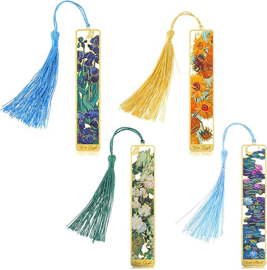 Sibba Book Marks for Book, 4Pcs Hollow Flower Metal Bookmarks with Tassels, Durable Retro Handmade Bookmarks for Women Kids Students Teachers and Book Lovers, Pretty&Increase Reading Interest