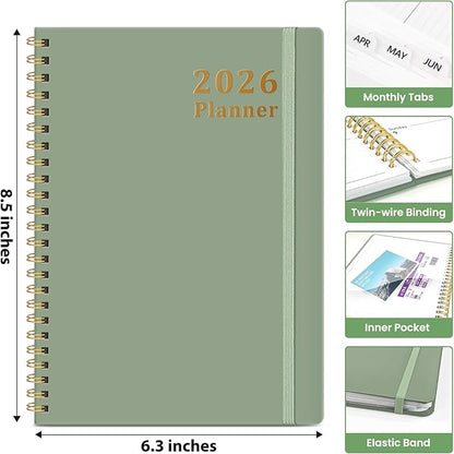 2026 Planner, Weekly and Monthly Calendar Planner, January 2026 - December 2026, Hardcover 2026 Calendar Planner Book with Tabs For Women & Men, Inner Pocket, Spiral Bound, Perfect for Office Home School Supplies - A5 (6.3" x 8.5"), Green