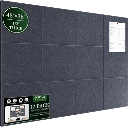 Large Cork Bulletin Board for Wall 48"x36", 12 Pack Felt Wall Tiles with 80 Pushpins, 60 Safe Removable Adhesive Tabs, Decorative Pin Board Tack Board for Office Home School, Dark Gray